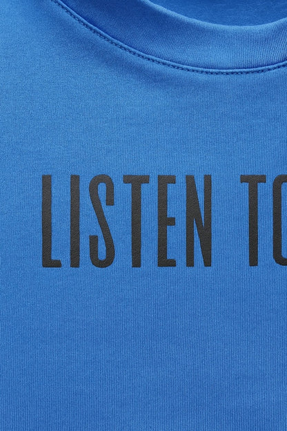 Blue oversized T-shirt "Listen to me"